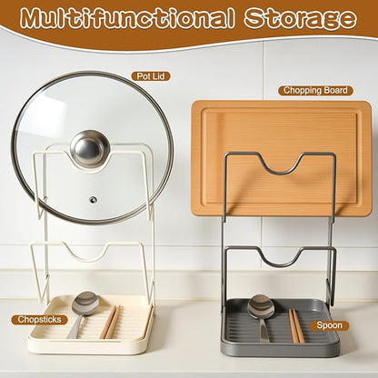 Kitchen Pot Lid Storage Rack, Pot Lid Holder With Tray, Lid Holder While Cooking, Lid And Spoon Rest, Multifunctional Kitchen Organizer Stand (White)