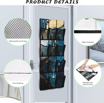 Hanging Storage Pockets Over The Door Organizer Storage for Closet with 12 Mesh Pockets Organizers, Clothes Organizer for Bathroom Bedroom,Blue Marble