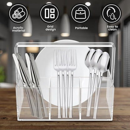 Acrylic Utensil Holder Silverware Organizer with Handle and 4 Compartments Multipurpose Party Utensil Holder for Countertop Table Buffet Picnic Clear Kitchen Space-Saving