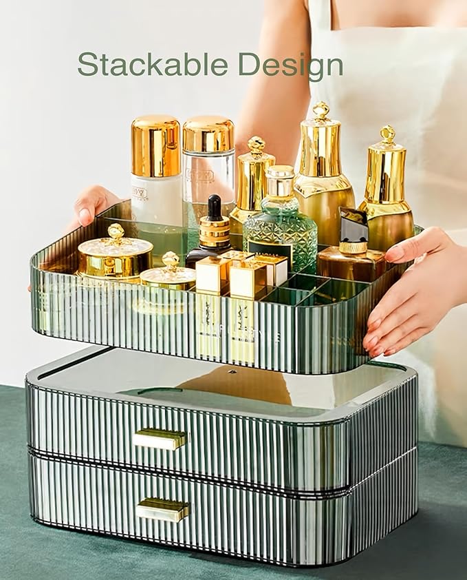 Makeup Organizer for Vanity, Large Desk Organizer with Stackable Drawers for Cosmetics, Skincare, Lipsticks, Palette, Nail Care, Ideal Storage for Dresser and Bathroom Countertop-Green