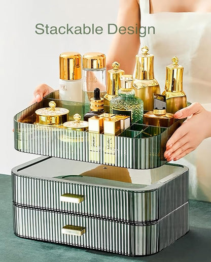 Makeup Organizer for Vanity, Large Desk Organizer with Stackable Drawers for Cosmetics, Skincare, Lipsticks, Palette, Nail Care, Ideal Storage for Dresser and Bathroom Countertop-Green