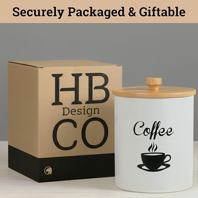Ceramic Coffee Canister - 12 oz White Airtight Canister - 5 x 6 inch Coffee Bean Storage Container - Stylish Countertop Container for Grounds, Beans, Pods & More with Rubber-Lined Bamboo Lid