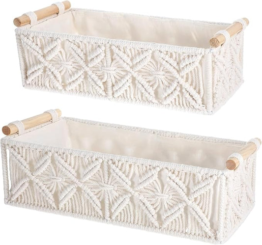 Kifmurase Macrame Storage Baskets 2PCS, Boho Woven Decorative Basket for Organizing with Handle, Countertop Toilet Paper Storage Container for Tank Bedroom Nursery Livingroom Entryway(White)