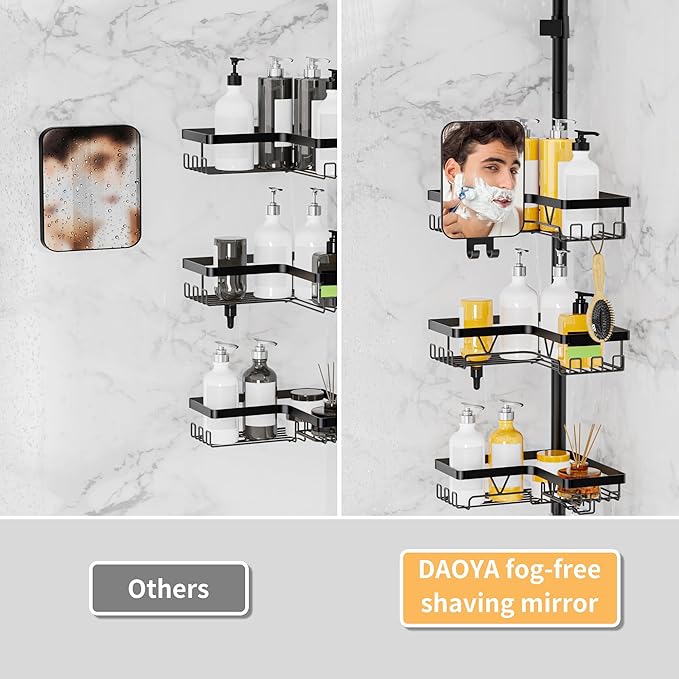 DAOYA Shower Caddy Tension Pole with Anti-Fog Shaving Mirror, Tension Rod Shower Caddy Corner for Bathroom Organizer, Black