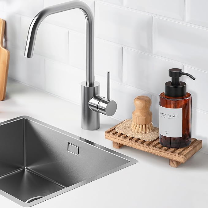 Bathroom Tray Rustic Farmhouse Bathroom Decor Wood Display Stand Riser Kitchen Soap Dish Holder for Vanity, Countertop, Sink, 8.6 * 3.6 Brown