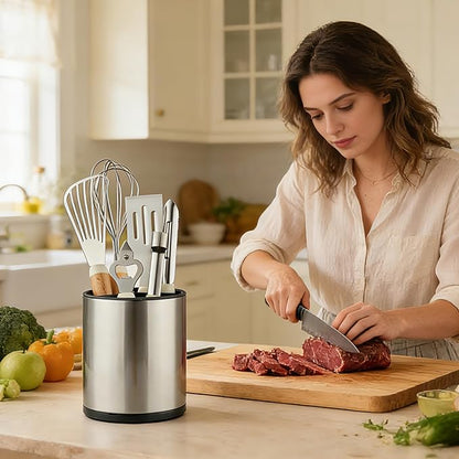kitchen Utensil Holder Counter, DV Stainless Steel Rotating Cooking Spatula Utensils Holder Caddy (3 Compartment, 360°Rotating)