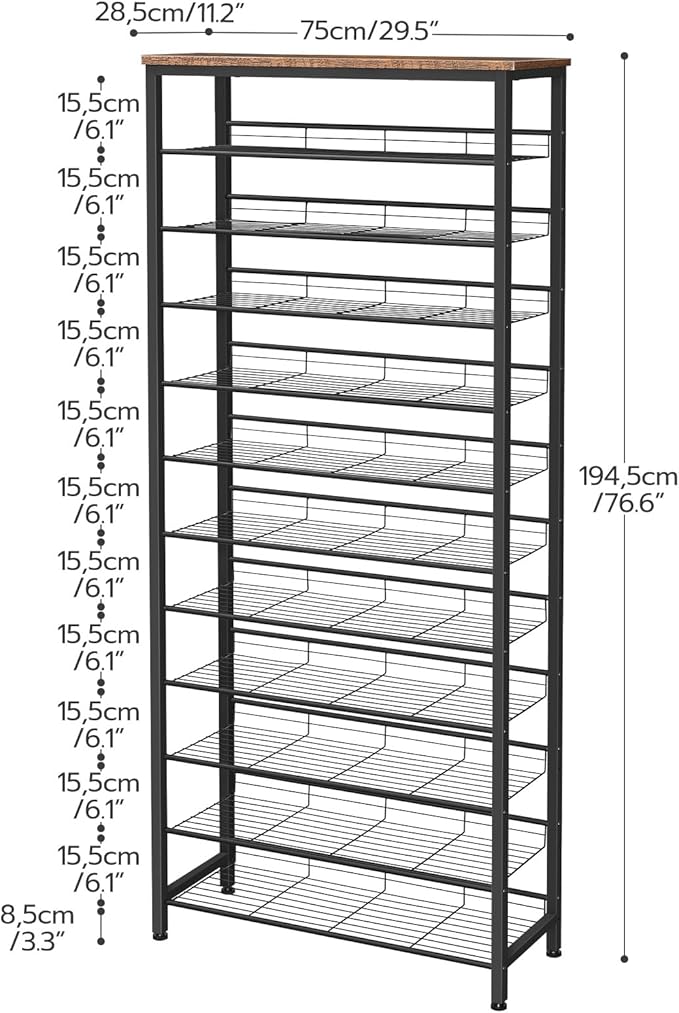 HOOBRO Shoe Rack for Entryway, 12-Tier Shoe Storage Organizer, Large Capacity for 33-36 Pairs of Shoes, Standing Shoe Shelf, Closet, Hallway, Adjustable Mesh Shelves, Rustic Brown and Black BF51XJ01
