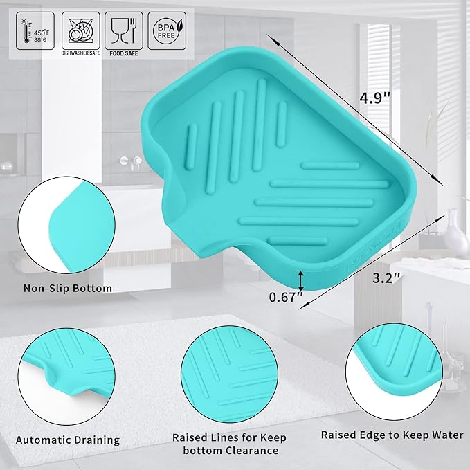 MicoYang Silicone Bathroom Soap Dishes with Drain Spout-Bathroom and Kitchen Sink Organizer,Sponge Holder,Dish Soap Tray,Perfect for Dispenser,Scrubber,Bottle,Cup on Sink or Counter-Mint 4.9"×3.2"