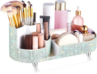 Teen Girls Mother's Day 360 Rotating Bling Makeup Organizer Gift Rhinestone Diamond Bathroom Organizer Girly Skin Care Brush Holder for Countertop, Bathroom Essentials(Silver,Rhinestone)