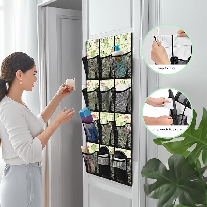 Frog Flower Over The Door Shoe Organizers with 12 Pockets,Quick Dry Mesh Organizer Hanging for Pantry Bathroom Closet,Mesh Pocket Over the Door Shoe Organizer for RV,Pantry,Camping