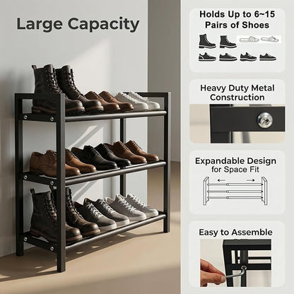 Expandable 3-Tier Shoe Rack Adjustable Shelf Organizer for Entryway Closet Freestanding Narrow Shoe Storage Cabinet for Small Spaces Holds 6-12 Pairs Heels Sneakers (Black, 3 Tier)