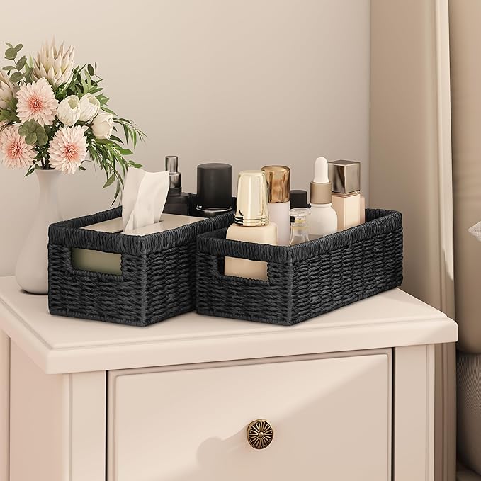 Vagusicc Wicker Storage Basket, Set of 2 Hand-Woven Paper Rope Wicker Baskets for Organizing Decor Storage Bins for Counter Shelves Pantry Basket Small Toilet Paper Basket for Toilet Tank Top, Black