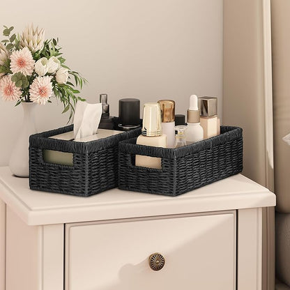 Vagusicc Wicker Storage Basket, Set of 2 Hand-Woven Paper Rope Wicker Baskets for Organizing Decor Storage Bins for Counter Shelves Pantry Basket Small Toilet Paper Basket for Toilet Tank Top, Black