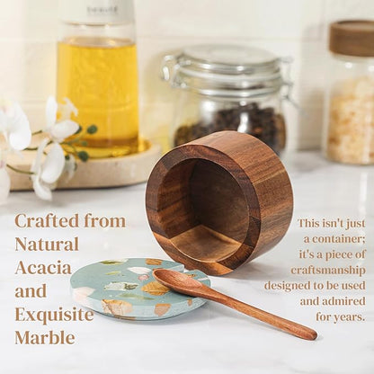Wooden Salt Cellar with Marble Lid,Salt Container Box Bowl for Countertop,Elegant Salt Holder Jar Dish with Spoon,Kitchen Seasoning Containers for Salt Pepper Sugar Spice Storage,6OZ