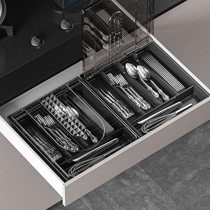 Utensil Tray with Lid, 6 Compartments Covered Silverware Organizer Case for Spoons Forks, Plastic Cutlery and Flatware Storage Box for Kitchen Drawer and Countertop(Gray)