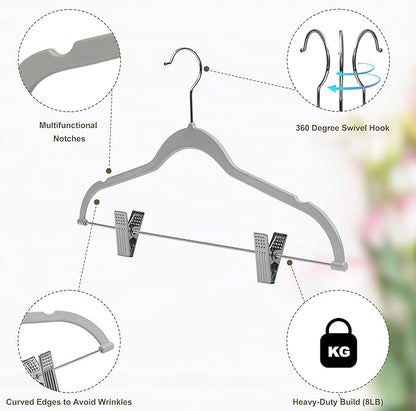 Quality Plastic 20-Pack Non Velvet Non-Flocked Thin Compact Coat Hangers with Metal Clips for Skirts Pants Blouses 360° Swivel Hook (Gray, 20)