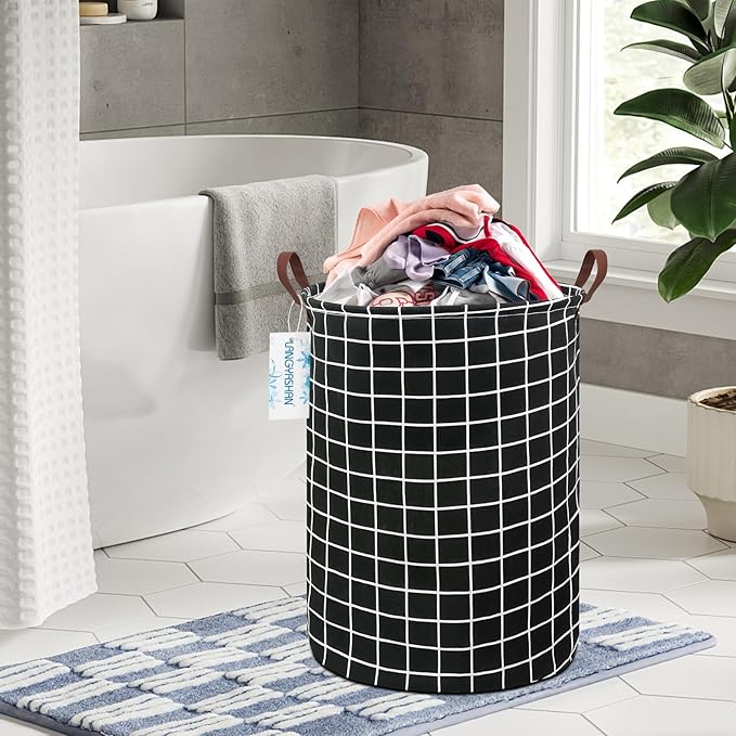 Laundry Basket Canvas Fabric Collapsible Organizer Basket for Storage Bin Toy Bins Gift Baskets Bedroom Clothes Children Nursery Hamper (Black Grid)