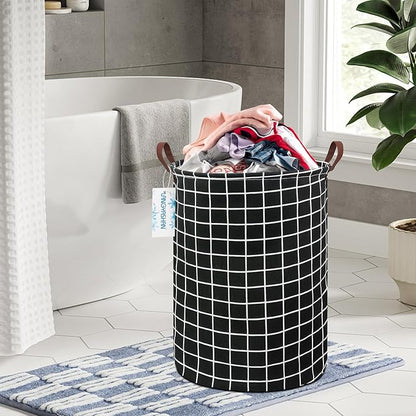 Laundry Basket Canvas Fabric Collapsible Organizer Basket for Storage Bin Toy Bins Gift Baskets Bedroom Clothes Children Nursery Hamper (Black Grid)