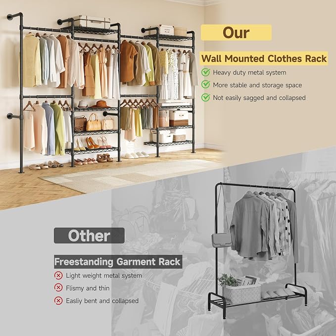 ONBRILL H4 Wall Mounted Closet System, Expandable Industrial Pipe Clothes Rack Clothing Rack for Hanging Clothes, Heavy Duty Closet Organizers and Storage in Wardrobe Closet