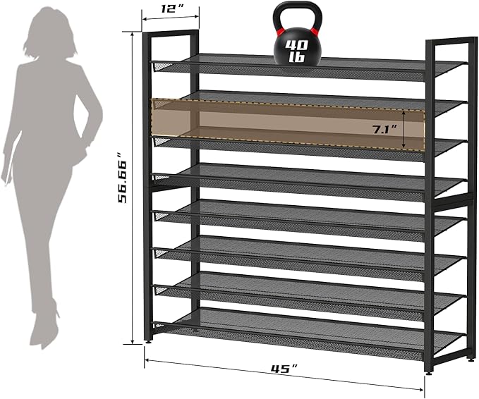Metal Shoe Rack,Large 8 Tier Shoe Organizer, Heavy Duty Metal 4-Tier Stackable Shoe Storage Vertical Shoe Rack for Closet Front Door,Entrance,Entryway,Garage,Up to 50 Pairs,Black