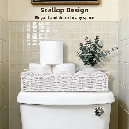 CubesLand Bathroom Basket Organizer w/Cut Out Handle, Back of Toilet Paper Storage Baskets Tray for Bathroom Countertop Decorative, Scalloped Wicker Basket Also for Home Decor, Living Room, White