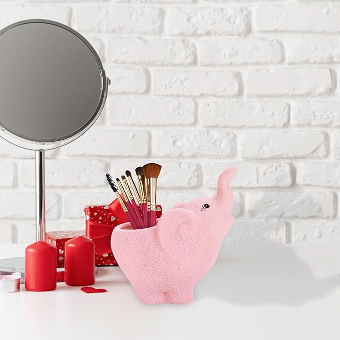 Pink Ceramic Elephant Makeup Brush Holder, Cute Makeup Brush Organizer, Decorative Cosmetic Storage Container for Desk, Vanity & Bathroom