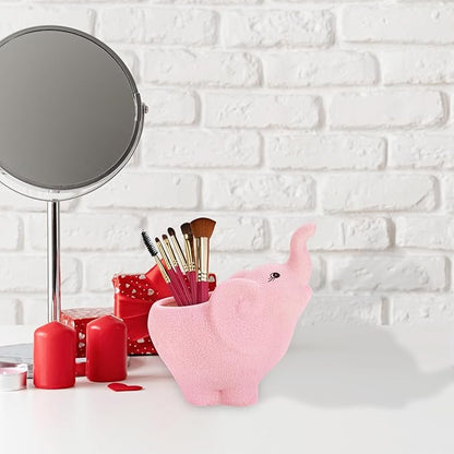 Pink Ceramic Elephant Makeup Brush Holder, Cute Makeup Brush Organizer, Decorative Cosmetic Storage Container for Desk, Vanity & Bathroom
