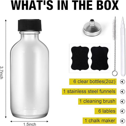 2oz Small Clear Glass Boston Bottles with Lids - Reusable Leakproof Travel Kit With 1 Stainless Steel Funnel, 6 Labels, 1 Brush & 1 Chalk Marker for Juice, Oils, Whiskey, Ginger Shots & More