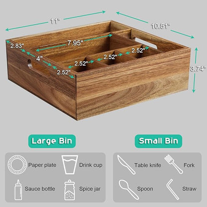 ALELION Acacia Wood Utensil Holder for Party - Paper Plate Organizer for Countertop - Silverware Caddy with 6 Compartments for Plate, Cup, Fork, Spoon - Cutlery Holder for Kitchen Camping Buffet