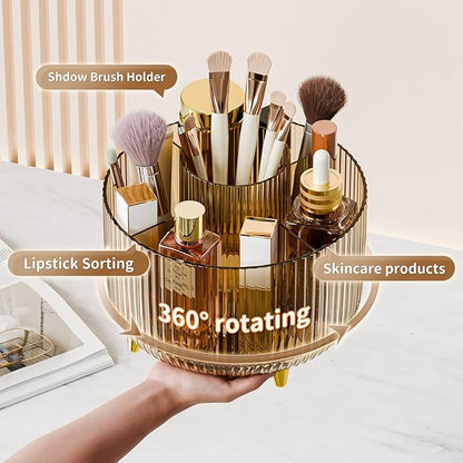 Clear Rotating Makeup Organizer Countertop for Vanity, 360° Makeup Brush Holder Organizer with 5 Compartments, Transparent Cosmetic Storage for Lipstick, Skincare, Bathroom Counter (Transparent Amber)