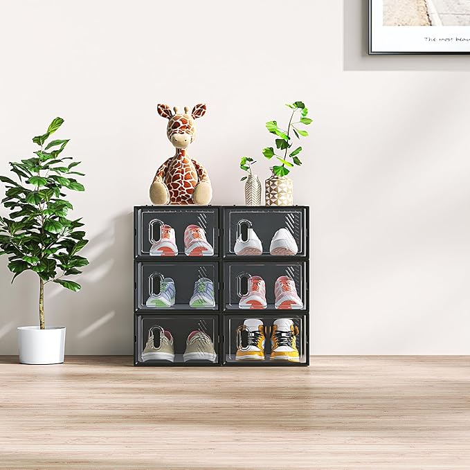 Shoe Storage Organizer Stackable Boxes for Closet, Space-Saving Shoe Rack for Sneaker Boot Container, Plastic Shoe Cabinet Shoe Box 6 Pack (Black)