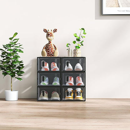 Shoe Storage Organizer Stackable Boxes for Closet, Space-Saving Shoe Rack for Sneaker Boot Container, Plastic Shoe Cabinet Shoe Box 6 Pack (Black)