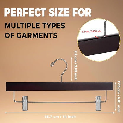 Quality Hangers Wooden Pants Hangers - 10-Pack Swivel Hook Cloth Hanger Set - Lotus Wood Skirt, Pant, Shorts and Slack Hangers with Adjustable Clip – Mahogany Clothing Hanger (Mahogany, 10)