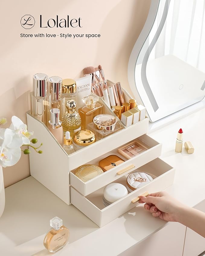 Lolalet Makeup Organizer for Vanity Desk, 3-Layer PU Leather Luxury Make Up Storage Cosmetics Holder Box with Drawers -Cream