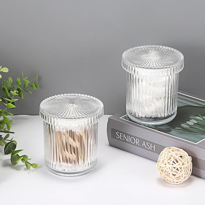 Hipiwe Glass Qtip Holder Dispenser - 2 Pcs Apothecary Jars Set with Lid, Clear Cotton Swabs and Balls Canister, Vanity Makeup Organizers and Storage Bathroom Essentials Accessories Decor