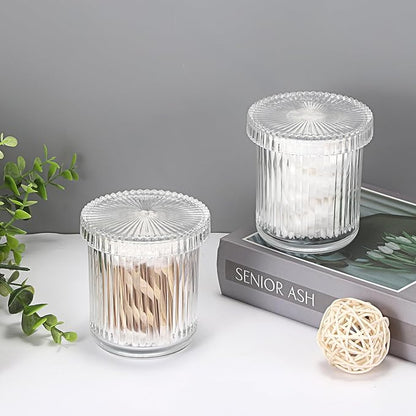 Hipiwe Glass Qtip Holder Dispenser - 2 Pcs Apothecary Jars Set with Lid, Clear Cotton Swabs and Balls Canister, Vanity Makeup Organizers and Storage Bathroom Essentials Accessories Decor