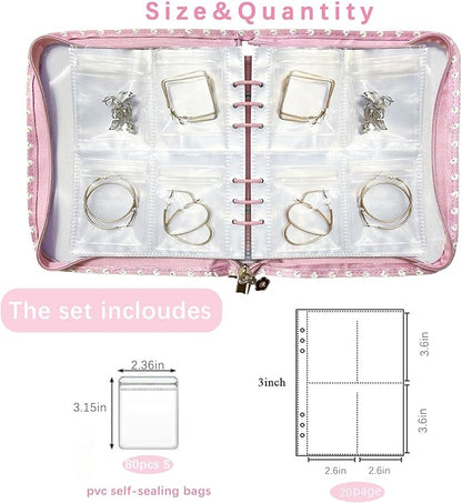 Jewelry Organizer Travel,Jewelry Storage Book with 80 Small PVC pouches,Portable Jewelry Organizer Zipper Bags for Necklaces Bracelet Rings and Earrings (front cover removable),Pink