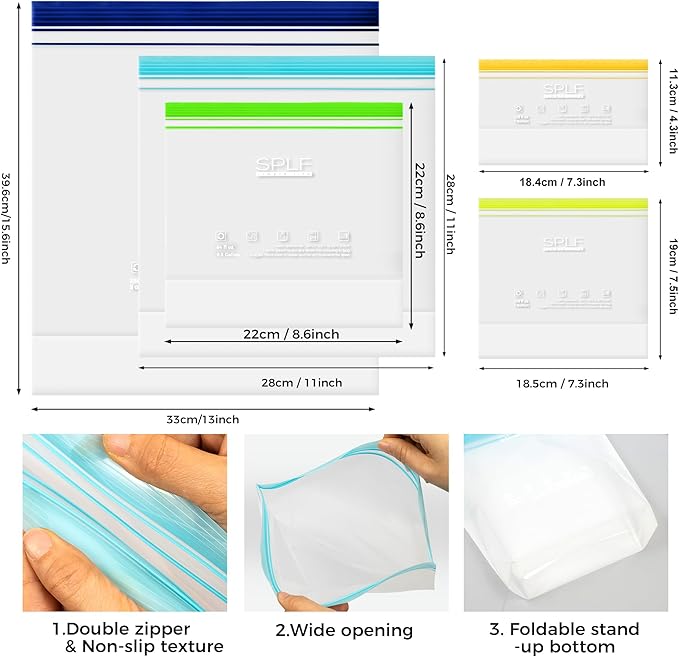 SPLF 20 Pack Reusable Half Gallon Freezer Bags Dishwasher Microwave Safe, 1/2 Gallon BPA Free Leakproof Food Storage Bags, Silicone Free Containers for Meal Prep, Fridge Kitchen Organization