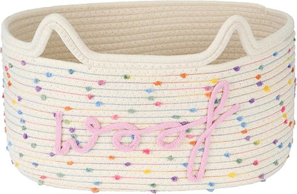Sea Team Dog Toy Basket with Handles, 16.5 x 11 x 7 Inches, 4.4 Gallons Large Cotton Rope Storage Bin, Box, Shelf Organizer for Pet Chew Toys, Foods, Rainbow Woof