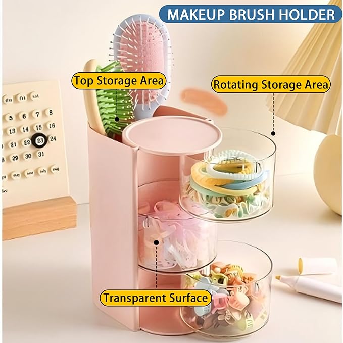 Azurphoric Hair Accessories Organizer with Hair Brush Holder, Rotatable Makeup Brush Holder for Necklaces, Earring, Bracelet, Ring, Makeup Brushes, Hair Clip and Hair Accessories (Pink, 3-Layer)