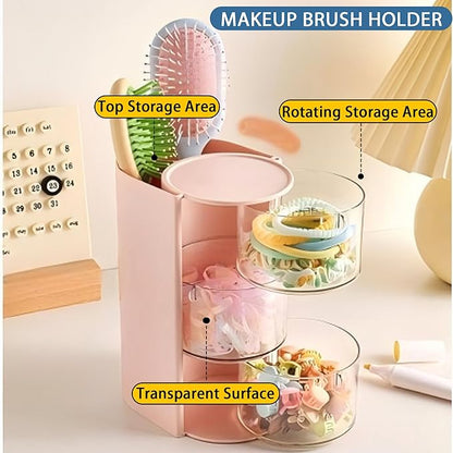 Azurphoric Hair Accessories Organizer with Hair Brush Holder, Rotatable Makeup Brush Holder for Necklaces, Earring, Bracelet, Ring, Makeup Brushes, Hair Clip and Hair Accessories (Pink, 3-Layer)