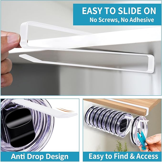 Shallow Tumbler Lid organizers for Cabinet, Space Saving Yeti Tumbler Lid Holder, Stanley Cup Lid organizers Under Cabinet, No Drill Cup Lid Hanger Must-Have 2025, 2 Pack Storage