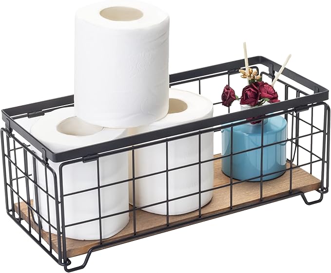 Metal Wire Storage Basket, Toilet Paper Roll Holder Wood Base Countertop Decor Box Toilet Tank Shelf Cabinet Organizer for Bathroom Pantry Garage Bedroom Livingroom - Black