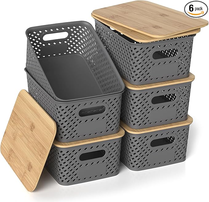 Plastic Storage Bins with Bamboo Lids, Stackable Small Box Baskets for Organizing and Containers for Shelves Drawers Desktop Closet Pantry Classroom Office Home, 6 Pack 10.2x7.2x4.1 Inch, Gray