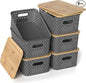 Plastic Storage Bins with Bamboo Lids, Stackable Small Box Baskets for Organizing and Containers for Shelves Drawers Desktop Closet Pantry Classroom Office Home, 6 Pack 10.2x7.2x4.1 Inch, Gray