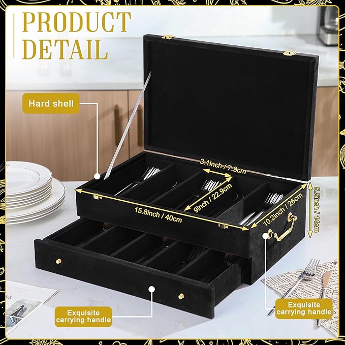 Pickmesh Silverware Case with Lid and Handle, Silverware Storage Box Sterling Silver Flatware Chest Without Silver Tarnish Proof Utensils Organizer for Kitchen Decor Wedding Gifts (Black,2 Layer)
