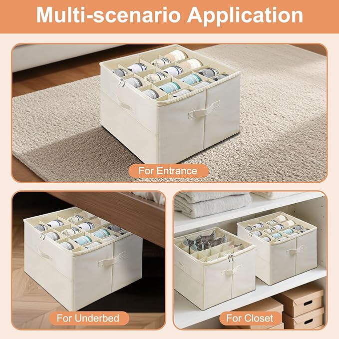 Shoe Organizer for Closet, Foldable Shoe Storage Containers with Clear Cover, Reinforced Handles Fits 8-16 Pairs, Space Saving Stackable Design for Sneakers Sandals Slippers (White)