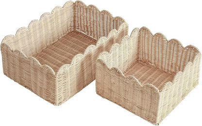 Scalloped Basket, Wicker Storage Baskets, Hand Woven Baskets for Shelves,Natural Baskets for Organizing (Rattan&M-14" L x 10.5" W x 6" H)