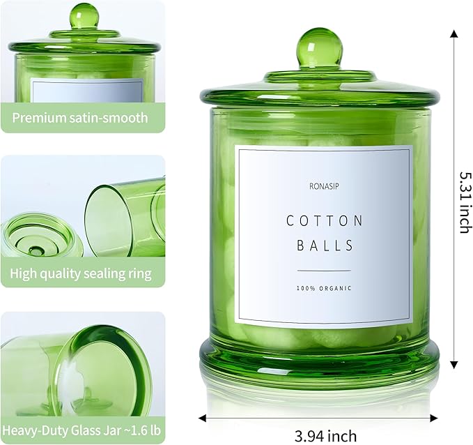 Ronasip 3 Pack Green Qtip Holder Dispenser, 16oz Bathroom Organizer and Storage Canisters, Glass Apothecary Jars with Lid - Home Decor, Room Decor Aesthetic