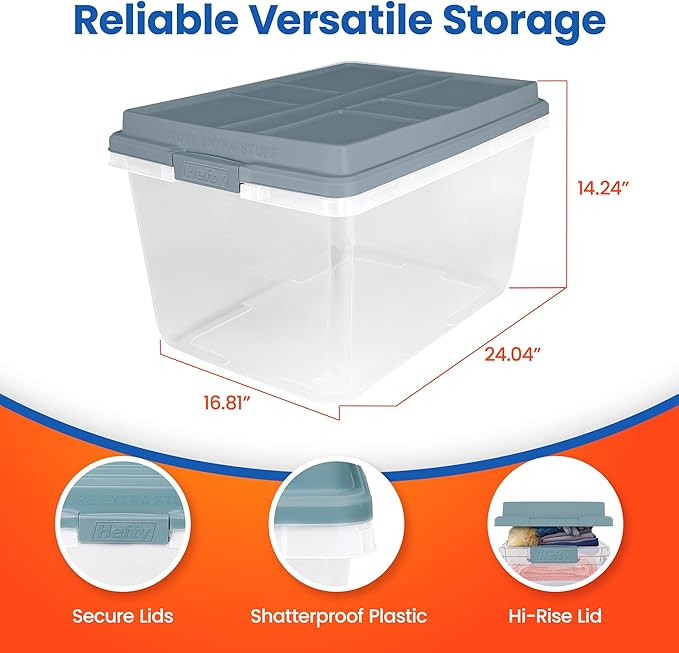 Hefty 72 Quart Hi-Rise Storage Bin with Lid, Stackable Plastic Container Tote for Home, Office, and Classroom Organization, 6 Pack, Smoke Blue